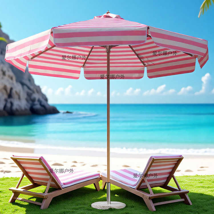 Outdoor Striped Patio Umbrella with Marble Base for Garden, Pool, and Beach