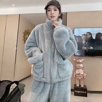 Women's Coral Fleece Warm Pajama Set with Zipper, Mid-thickness Loungewear for Autumn/Winter, High Collar Couple Style