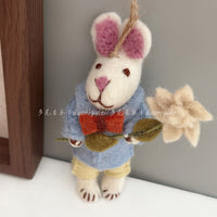 Handmade Nepali Wool Felt Rabbit Doll Keychain / Bag Charm with Flower
