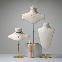 Premium Bamboo Linen Jewelry Display Stand with Antique Wood Base for Necklaces and Scarves