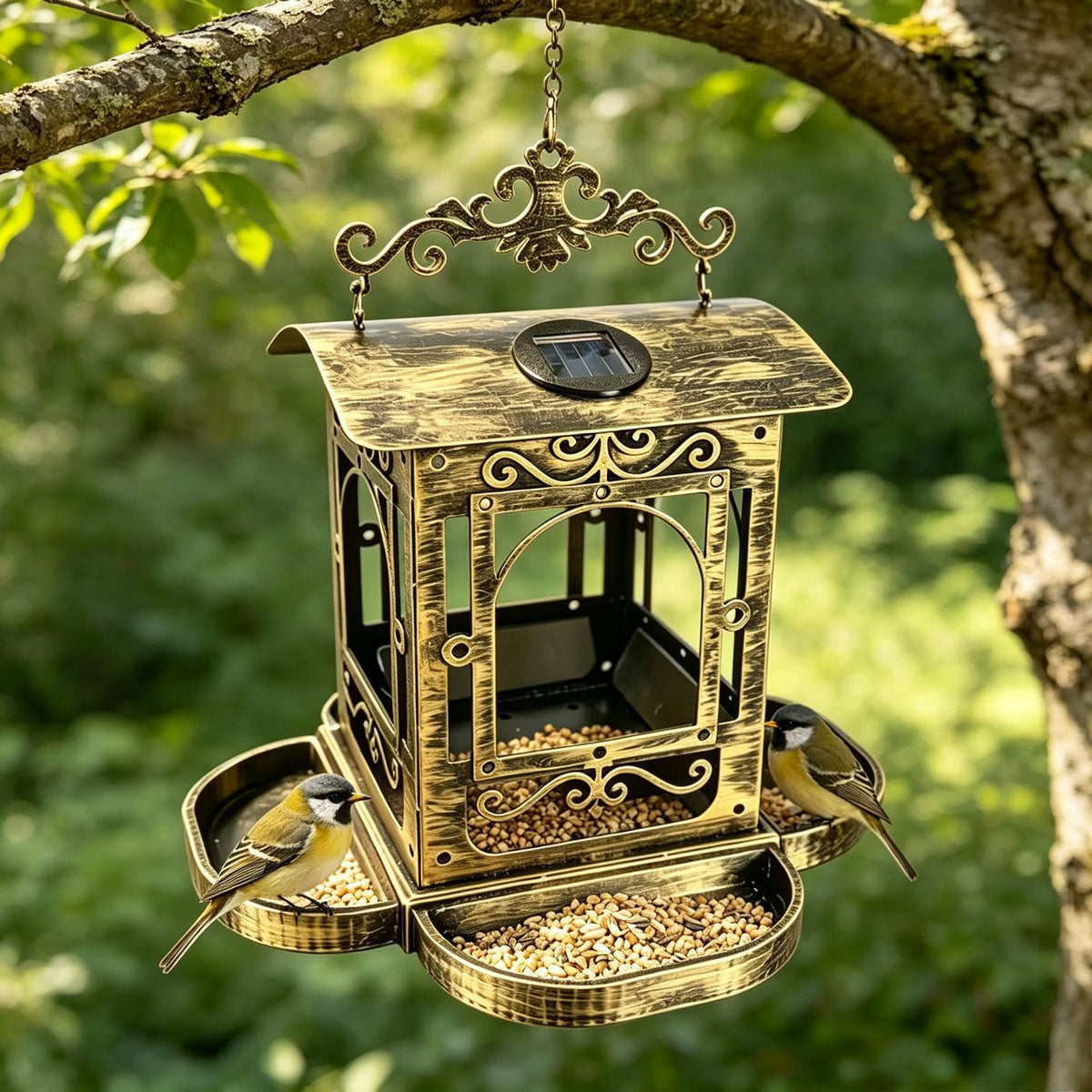Vintage Bronze Solar Bird Feeder Hanging Tray for Outdoor Garden