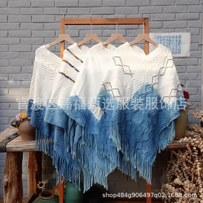Hand-Dyed Indigo Knit Tassel Shawl for Travel, Sun Protection, and Warmth