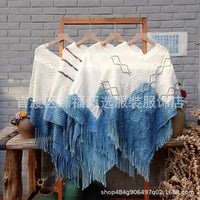 Hand-Dyed Indigo Knit Tassel Shawl for Travel, Sun Protection, and Warmth