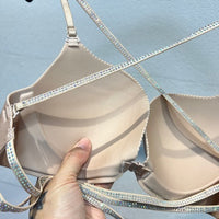 Women's Front Closure Rhinestone Push-Up Bra with Halter Back Design