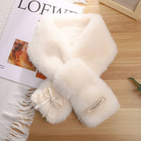 Japanese Sweet Lace Bow Plush Short Cross Scarf for Women, Thickened Warm Neck Warmer