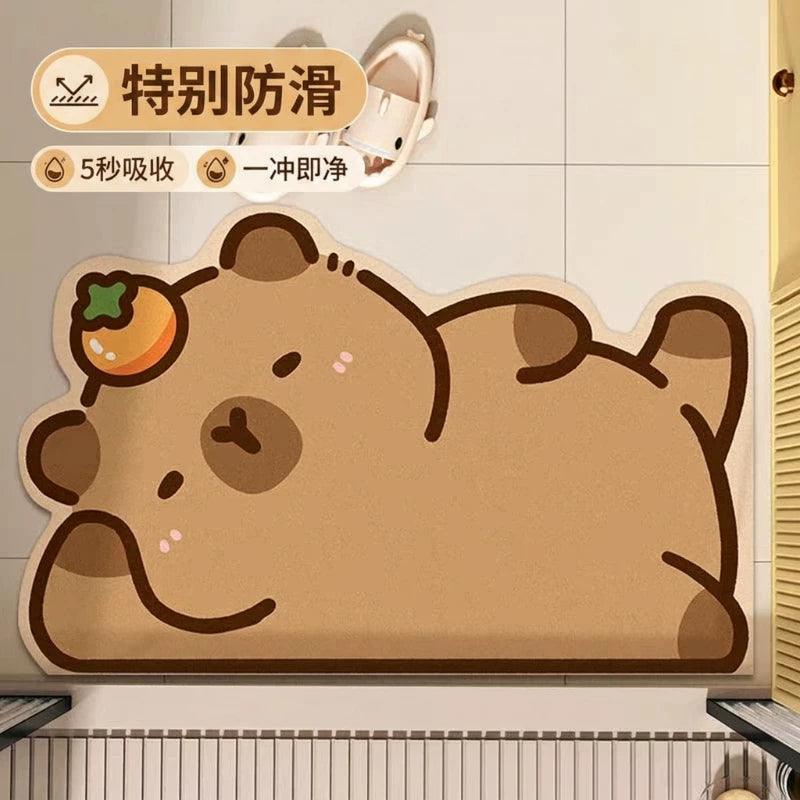 Cartoon Capybara Diatomaceous Earth Bathroom Mat Absorbent Non-Slip Floor Mat for Toilet Entrance