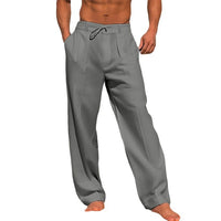 Men's Linen Beach Pants with Front Pockets, Solid Color, Breathable Casual Trousers for Summer Vacation