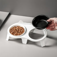 Ceramic Elevated Cat Food and Water Bowl Set with Stand, Tilted Design for Neck Protection, Non-Slip Double Bowls