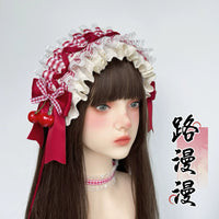 Cherry Ripe Lolita Handmade Cake Mini Hat Sun Hat with Wine Red Plaid Headband BNT