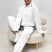 Women's Casual Solid Color Plush Hoodie & Pants Set