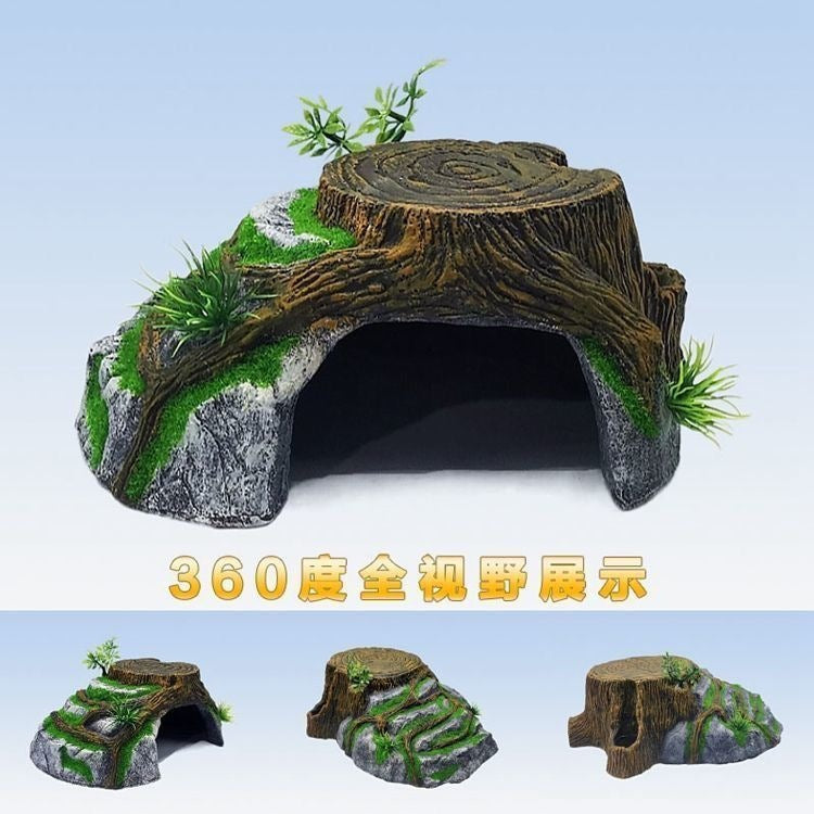 Reptile Basking Platform and Hideaway, Large Resin Tree Stump for Turtles, Lizards, Spiders, and Snakes