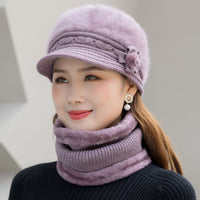 Women's Winter Warm Knitted Beanie Hat and Scarf Set for Elderly