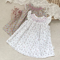 Girls' Hand-Smocked Floral Print Flutter Sleeve Doll Dress Toddler Summer Princess Dress
