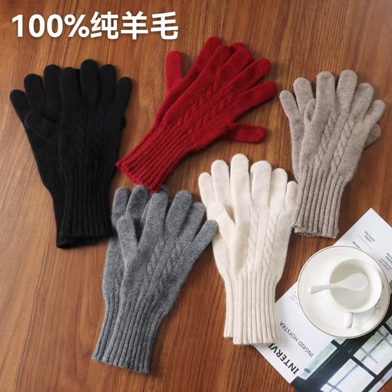 100% Wool Knitted Cable Touchscreen Gloves with Wrist Warmers for Adults