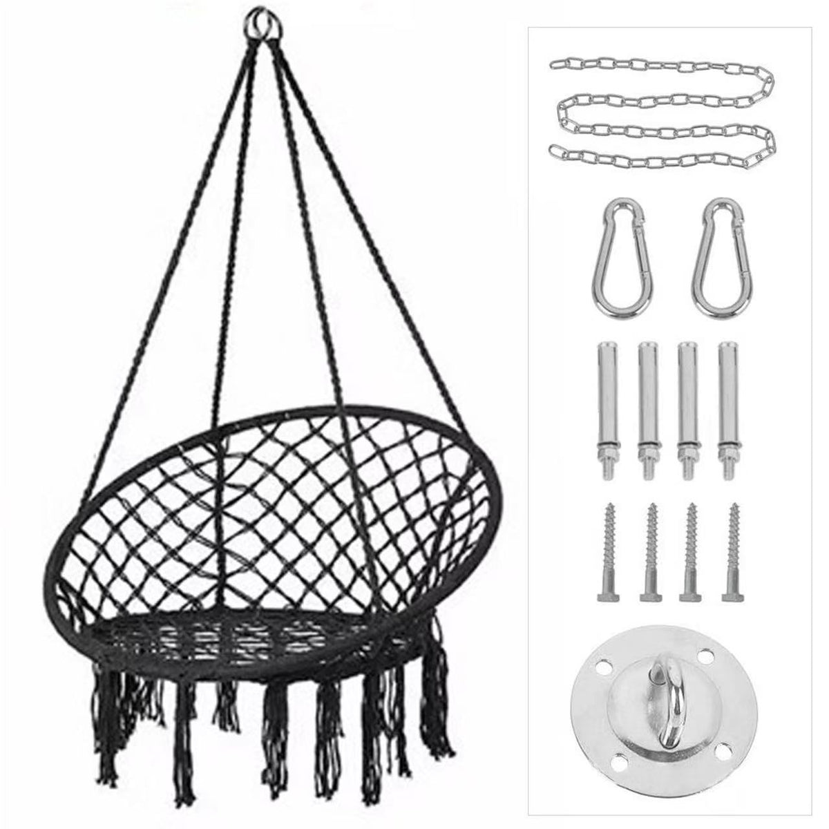 Nordic Style Macrame Hammock Chair with Tassels, Handwoven Cotton Rope Swing for Indoor Outdoor Balcony