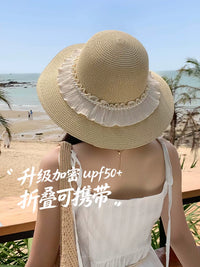 Foldable Straw Sun Hat for Women - Wide Brim Beach Fisherman Cap with Pearl Embellishment