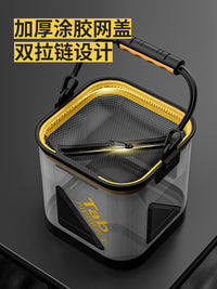 Portable Collapsible Fishing Bucket with Transparent Design and Side Pocket for Live Fish and Water Retrieval