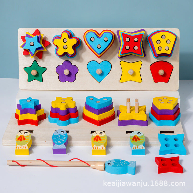 Wooden Geometric Shape Stacking Toy for Toddlers, Montessori Educational Sorting & Matching Puzzle, 5-Column Cognitive Learning Block Set