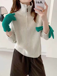 Women's Korean Style High-Neck Half-Zip Knitted Sweater