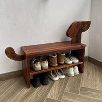 Solid Wood Outdoor Shoe Changing Bench with Storage and Decorative Dog Design, Waterproof & Mildew Proof