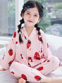 Girls' Cotton Rayon Pajama Set Summer Thin Kids' Loungewear with Stand Collar