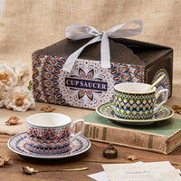 Bohemian Ceramic Coffee Mug Set with Saucers and Spoons, Luxury High-End Teacup Gift Box