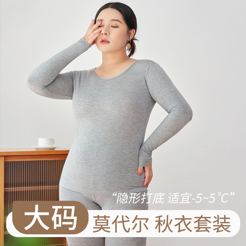 Plus Size Modal Thermal Underwear Set for Women, Long Sleeve Top & Pants, Up to 200 lbs