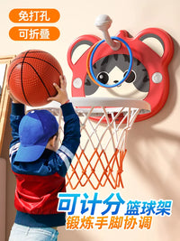 Kids Indoor Foldable Wall-Mounted Basketball Hoop Toy Set for Boys, Punch-Free Adjustable Height Basketball Stand Gift