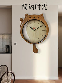 Lucky Cat Solid Wood Wall Clock with Silent Movement for Living Room Decor