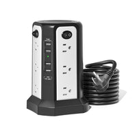 US Standard Tower Power Strip with 12 AC Outlets, Fast Charging, Surge Protection, and Overload Protection