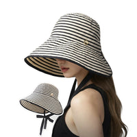 Women's UPF 50+ Wide Brim Sun Hat with Ponytail Hole, Striped Fisherman Bucket Hat for Outdoor Travel