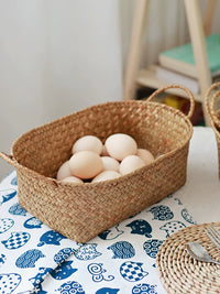 Handwoven Bamboo and Seagrass Fruit Basket for Snacks, Eggs, and Vegetables