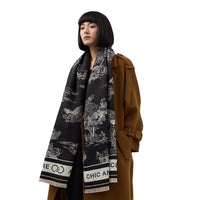 Jacquard Landscape Faux Cashmere Scarf for Women, Thick Warm Shawl for Autumn/Winter