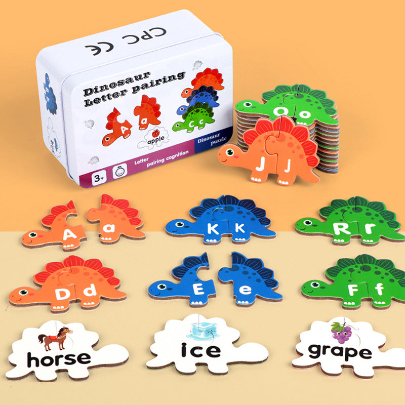 Kids Wooden Dinosaur Alphabet Matching Game with Iron Box