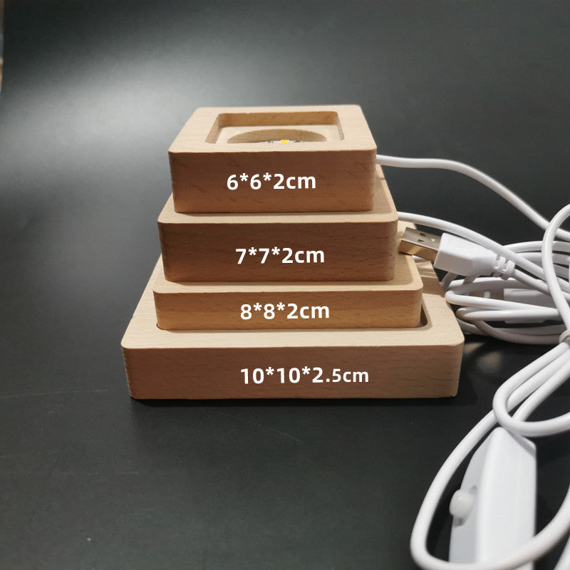 Crystal Cube Wooden Base Craft Ornament LED Luminous Solid Wood Lamp Holder Warm Color Light