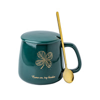 Large Capacity Ceramic Mug with Lid and Spoon, Ginkgo Leaf Design Coffee Cup for Home and Couples