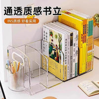 Clear Acrylic Desktop Bookends with Pen Holder for Office and Student Desk Organization