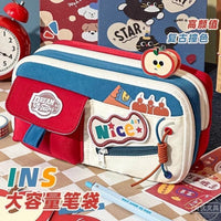 Large Capacity American Retro Color-Block Pencil Case for Students