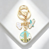 World Landmark Keychain with Metal Ring, Travel Theme Airplane Cloud Charm, Creative Souvenir Gift