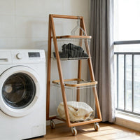 Modern Solid Wood Double-Layer Laundry Hamper, Movable Bedroom Clothes Storage Rack, Floor-Standing