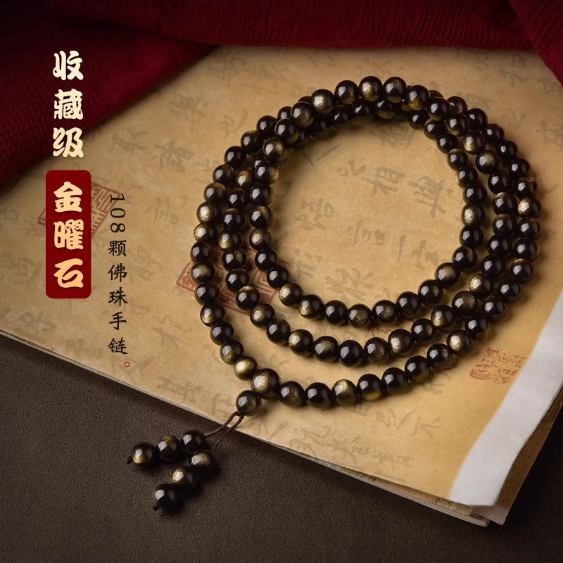 Collector's Grade Natural Gold Obsidian 108-Bead Mala Bracelet for Men and Women