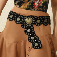 Bohemian Velvet Heart Buckle Belt for Women, Vintage Style Round Patchwork Waistband