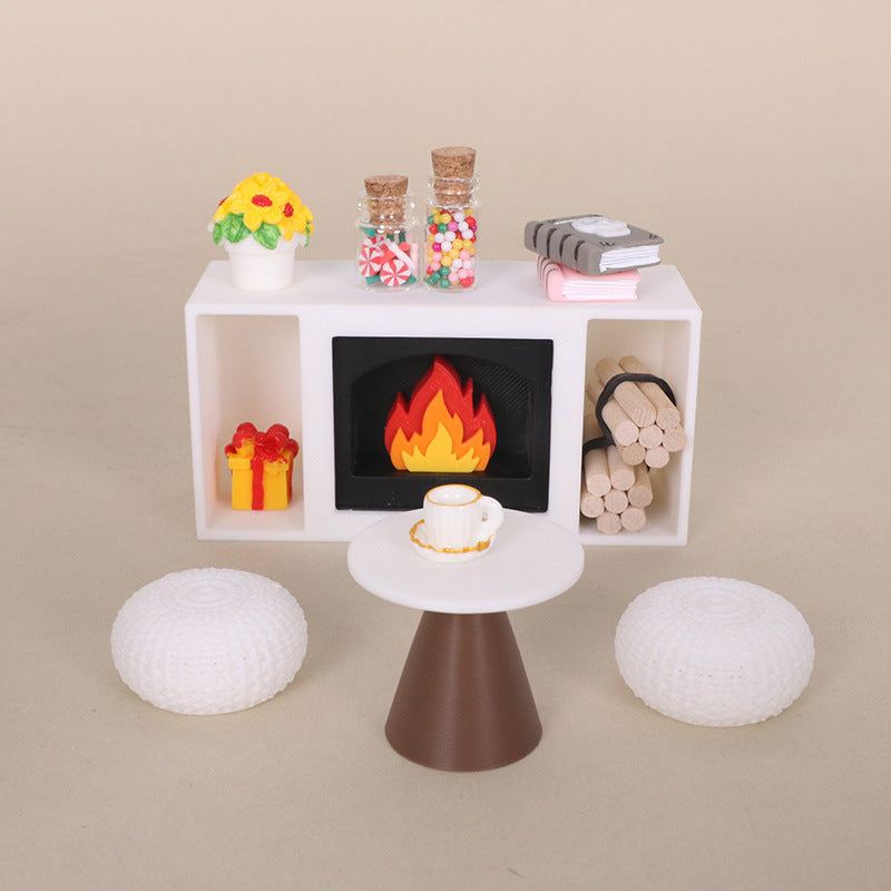 Dollhouse Miniature Christmas Fireplace Furniture Set with Ottoman Cushion