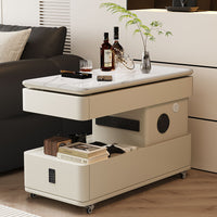 Movable Liftable Slate Sofa Side Table with Wheels, Power Strip, Cream Style End Table for Living Room