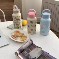 Cute Cartoon Large Capacity Insulated Water Bottle with Handle, Stainless Steel Portable Thermos for Women