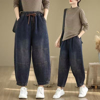 Women's Vintage Distressed Denim Harem Pants with Drawstring Waist