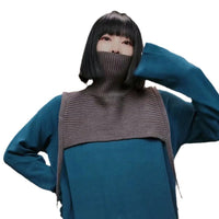 High-Neck Scarf Shawl with Ribbons, Knitted Warm Neck Warmer, Versatile Solid Color Fake Collar for Women