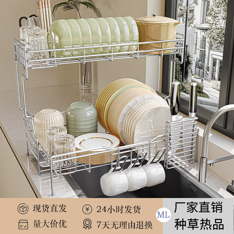 MingLing Expandable Carbon Steel Dish Drying Rack for Kitchen Sink, Drainer Basket Cutlery Storage Organizer