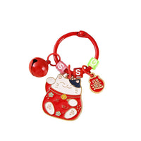 Japanese Lucky Cat Charm Keychain with Bell and Book Ring for Bags and Backpacks