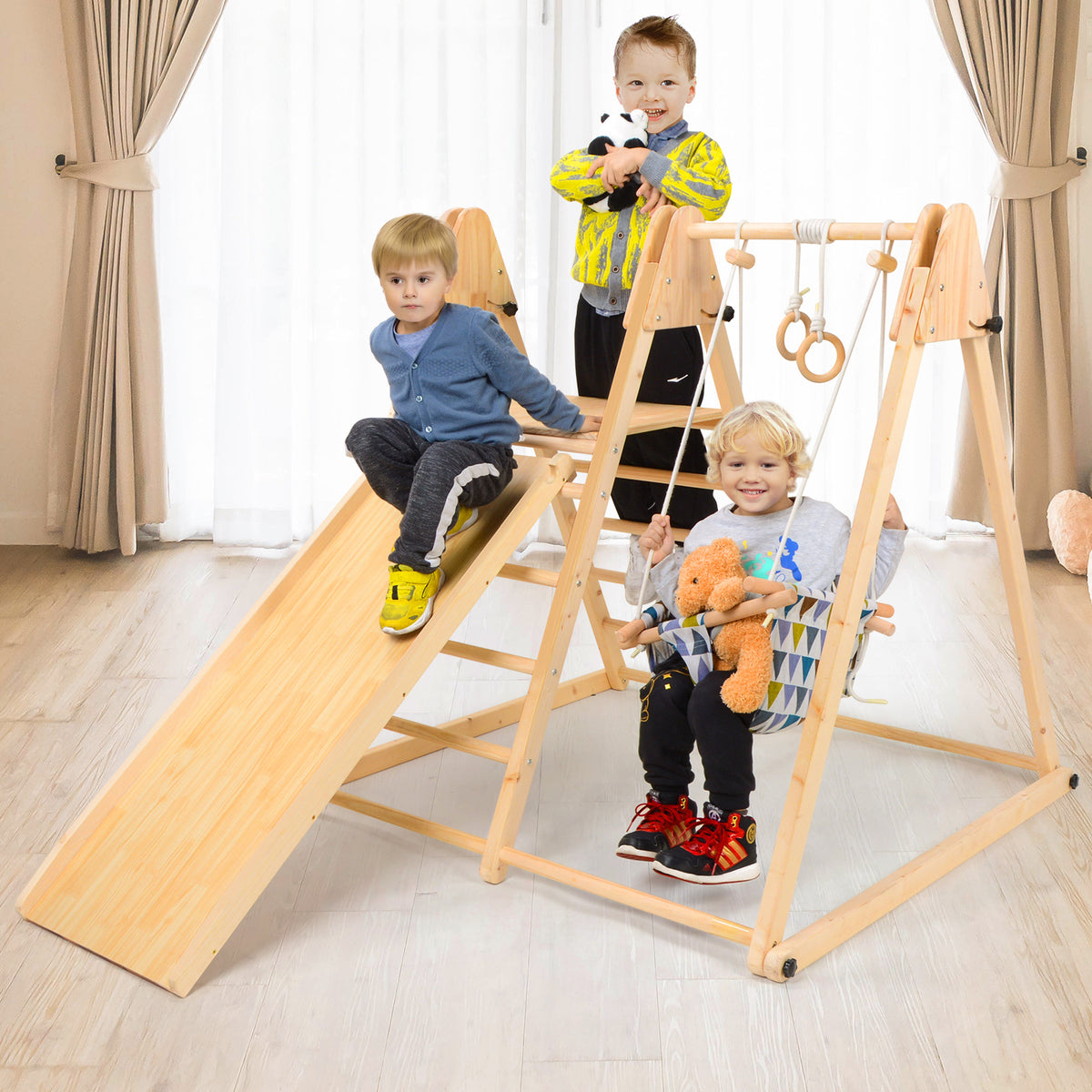 Kids Indoor Wooden Climbing Frame with Slide & Swing, Foldable Pine Wood Activity Center